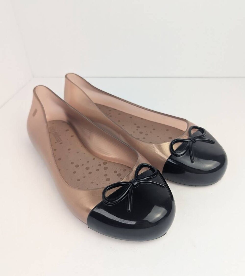 Mini Melissa Sweet Love Rose gold & black cap toe bow flats jellies girls 2